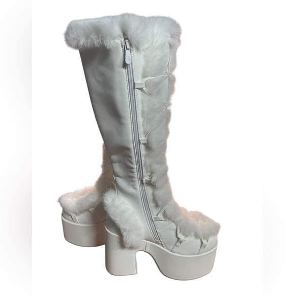 White Faux Fur Platform Boots EU 40 US 9.5 - 10 Chunky Heel Side Zipper Rave - Picture 2 of 12
